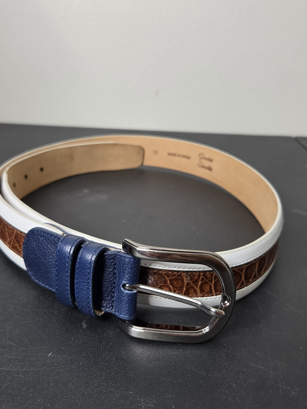 Mezlan Geniune Crocodile Brown, White & Blue Leather Belt Silver Hardware